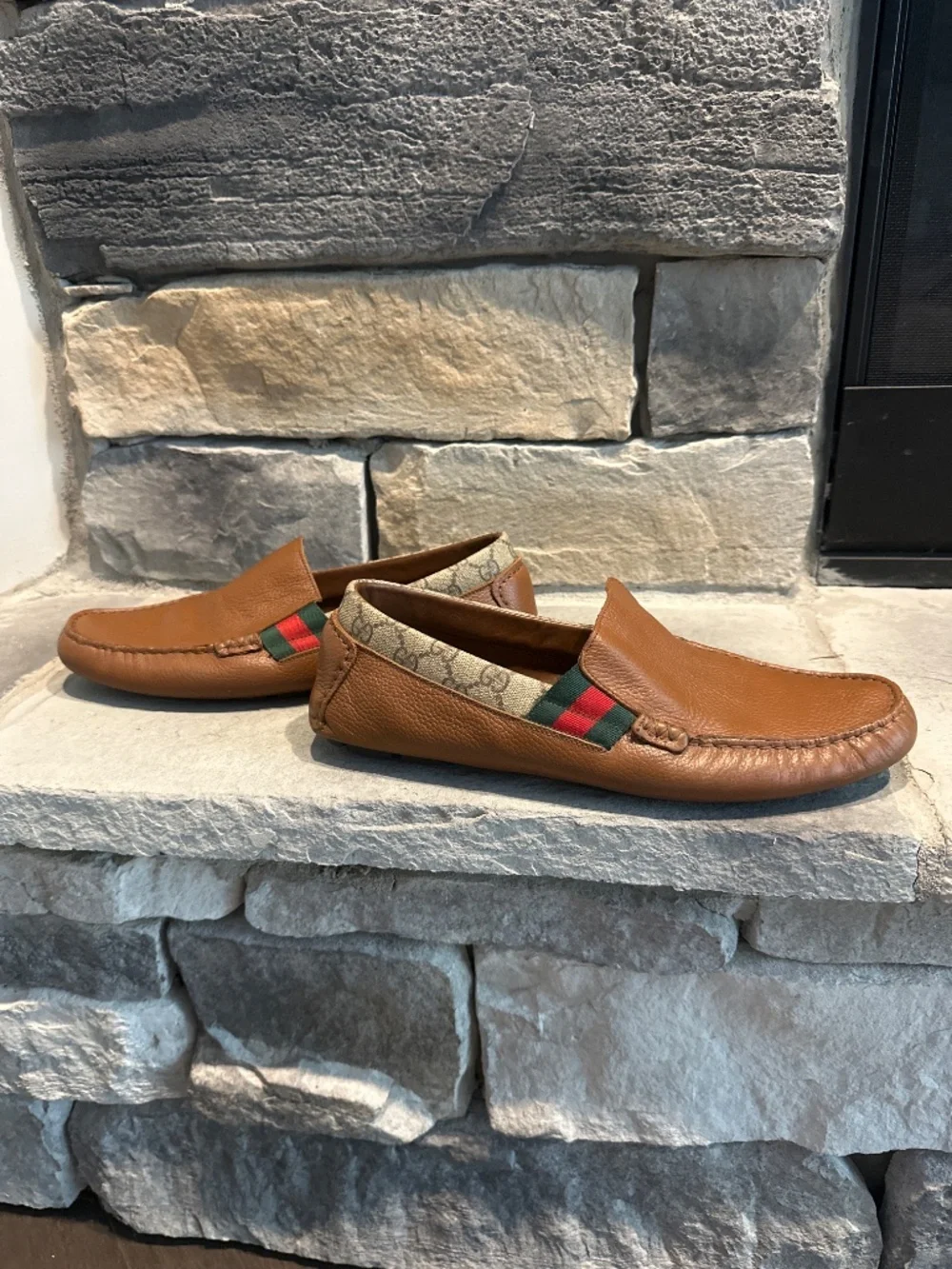 Authentic Gucci Men’s Brown Leather GG Supreme Web Driving Loafers Moccasin sz10